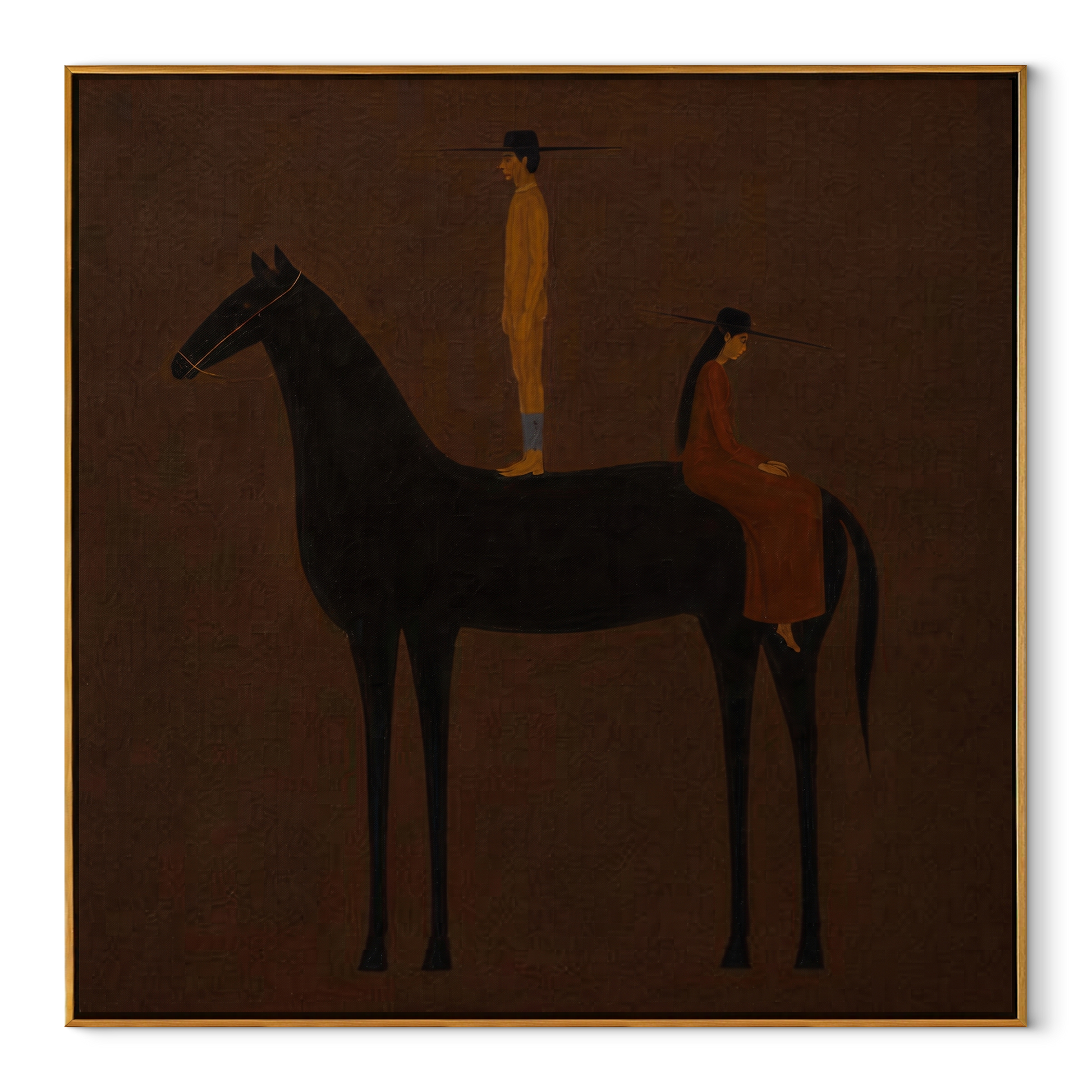 Black Horse Holds Distance - black horse companion painting by Isabelle Laurent, modern Western square wall art – wood frame on white background