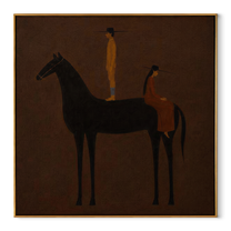 Black Horse Holds Distance - black horse companion painting by Isabelle Laurent, modern Western square wall art – wood frame on white background