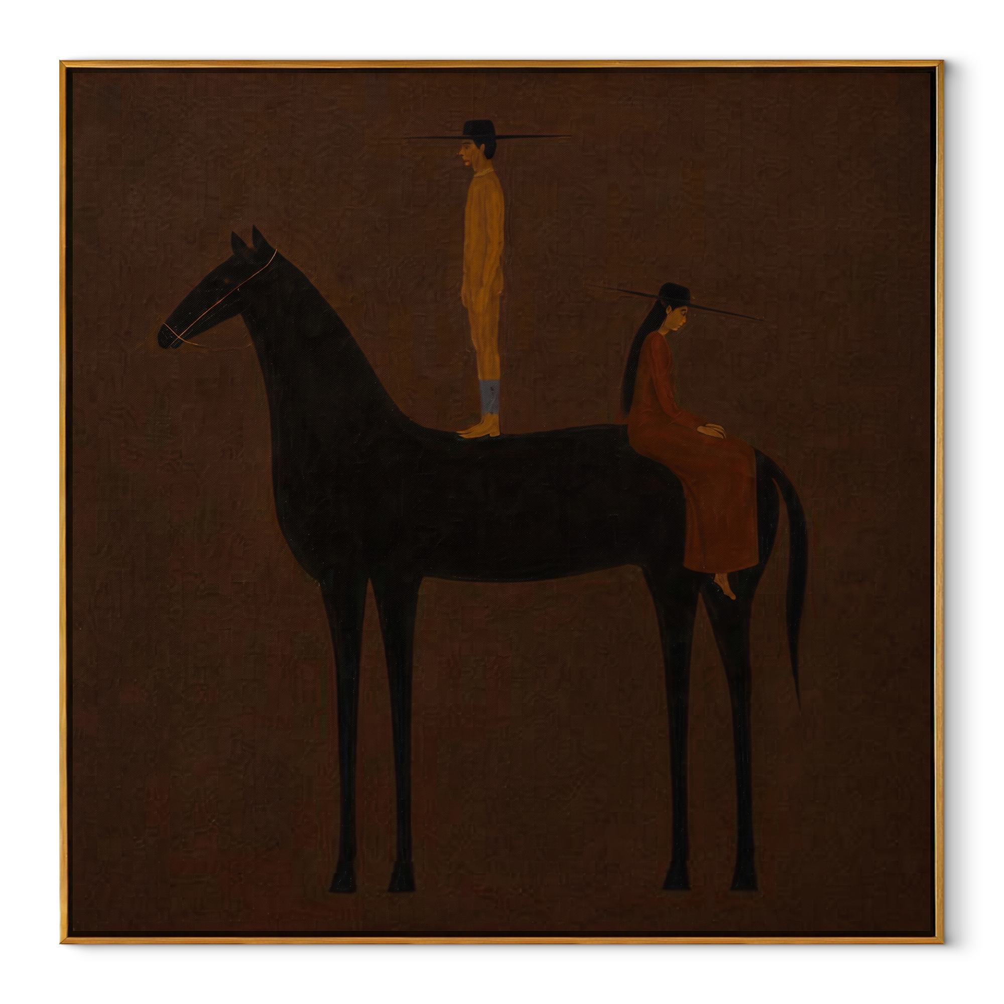 Black Horse Holds Distance - black horse companion painting by Isabelle Laurent, modern Western square wall art – wood frame on white background