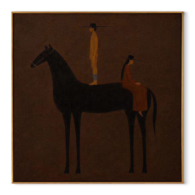 Black Horse Holds Distance - Black Horse Companion Painting | Modern Western Square Wall Art