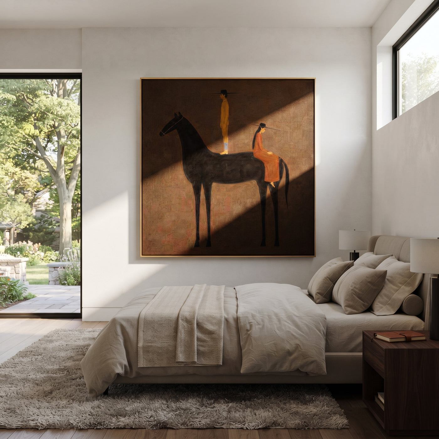 Black Horse Holds Distance - black horse companion painting by Isabelle Laurent, modern Western square wall art – styled room scene view 2