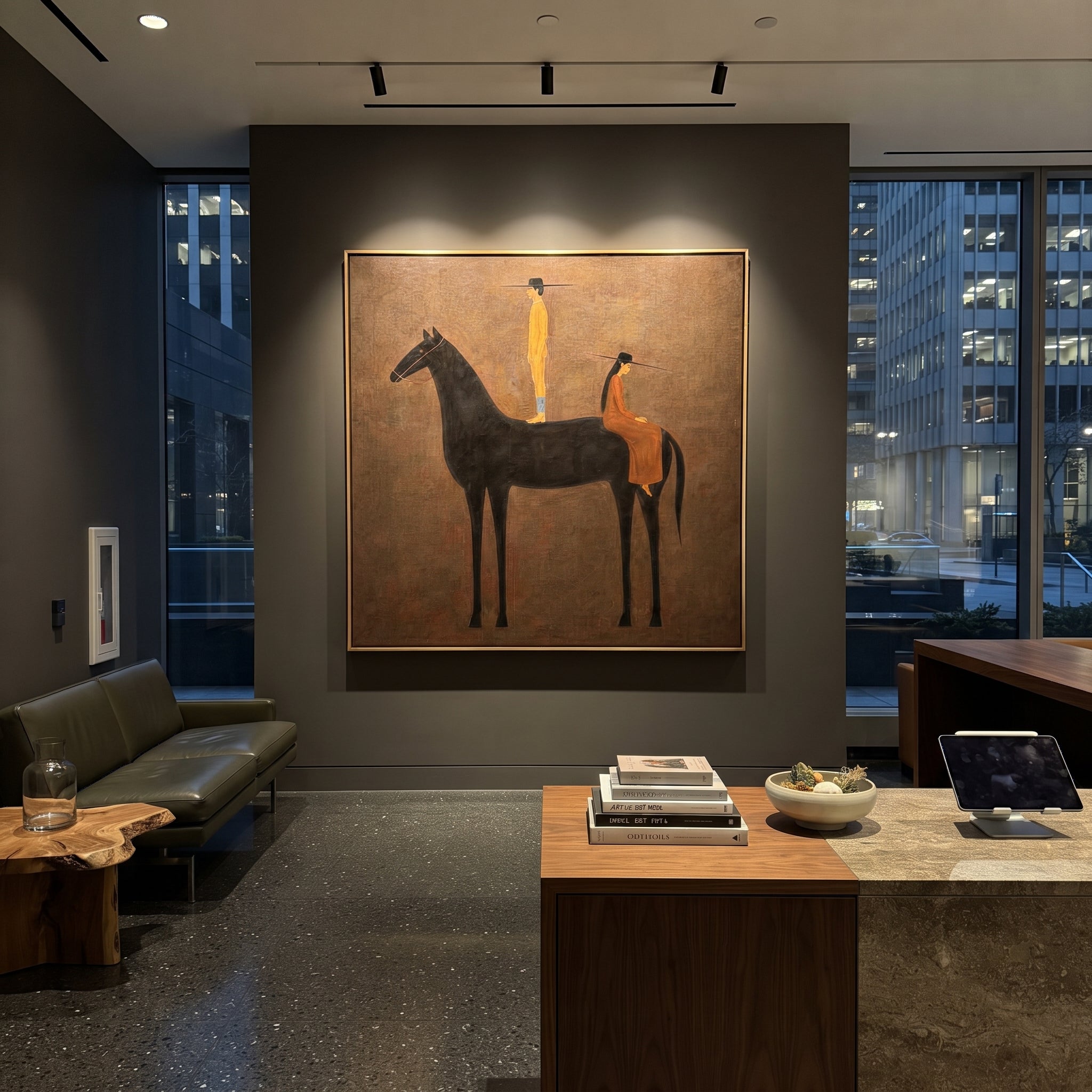Black Horse Holds Distance - black horse companion painting by Isabelle Laurent, modern Western square wall art – styled room scene view 4