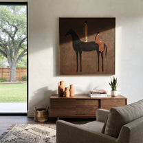 Black Horse Holds Distance - black horse companion painting by Isabelle Laurent, modern Western square wall art – styled room scene view 5
