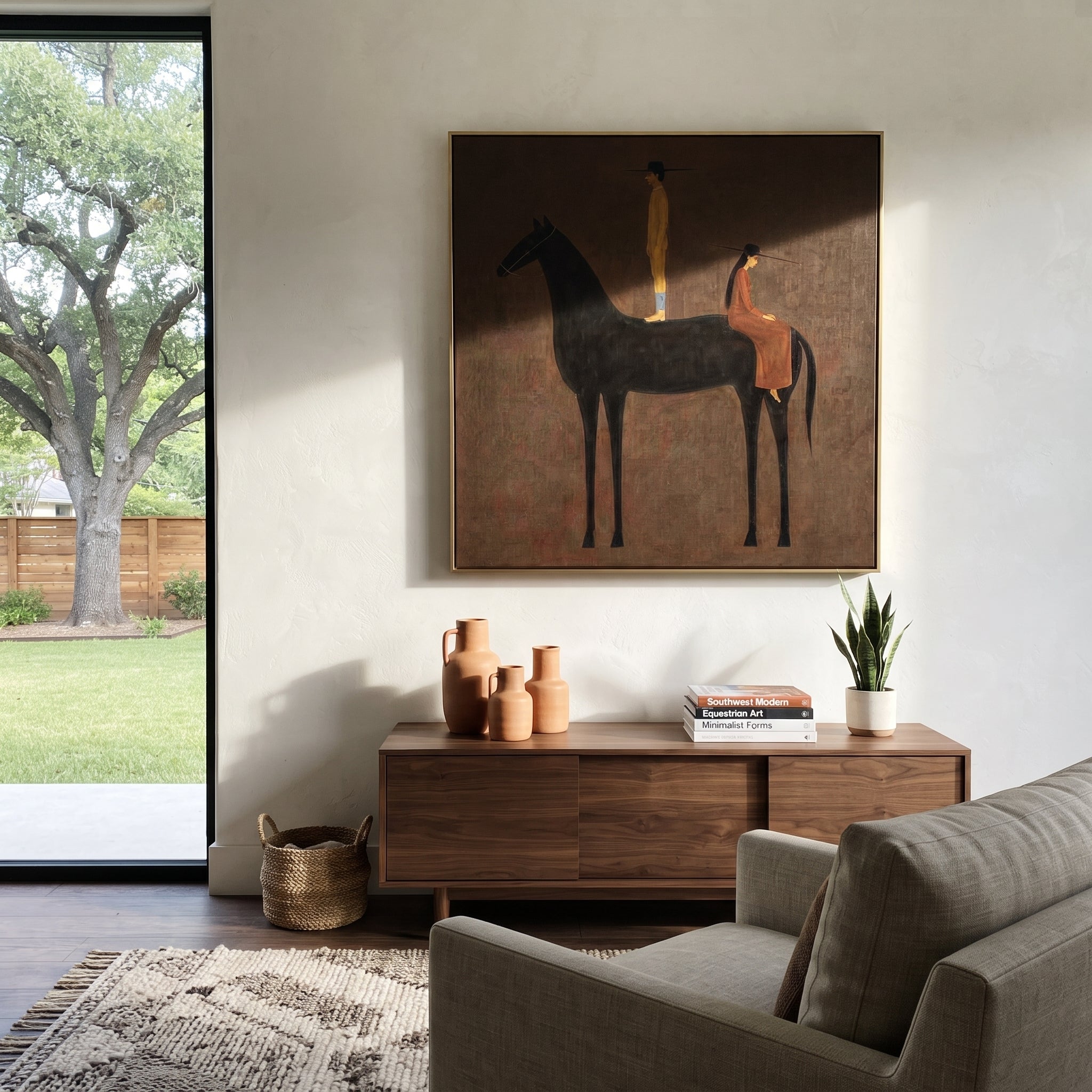 Black Horse Holds Distance - black horse companion painting by Isabelle Laurent, modern Western square wall art – styled room scene view 5