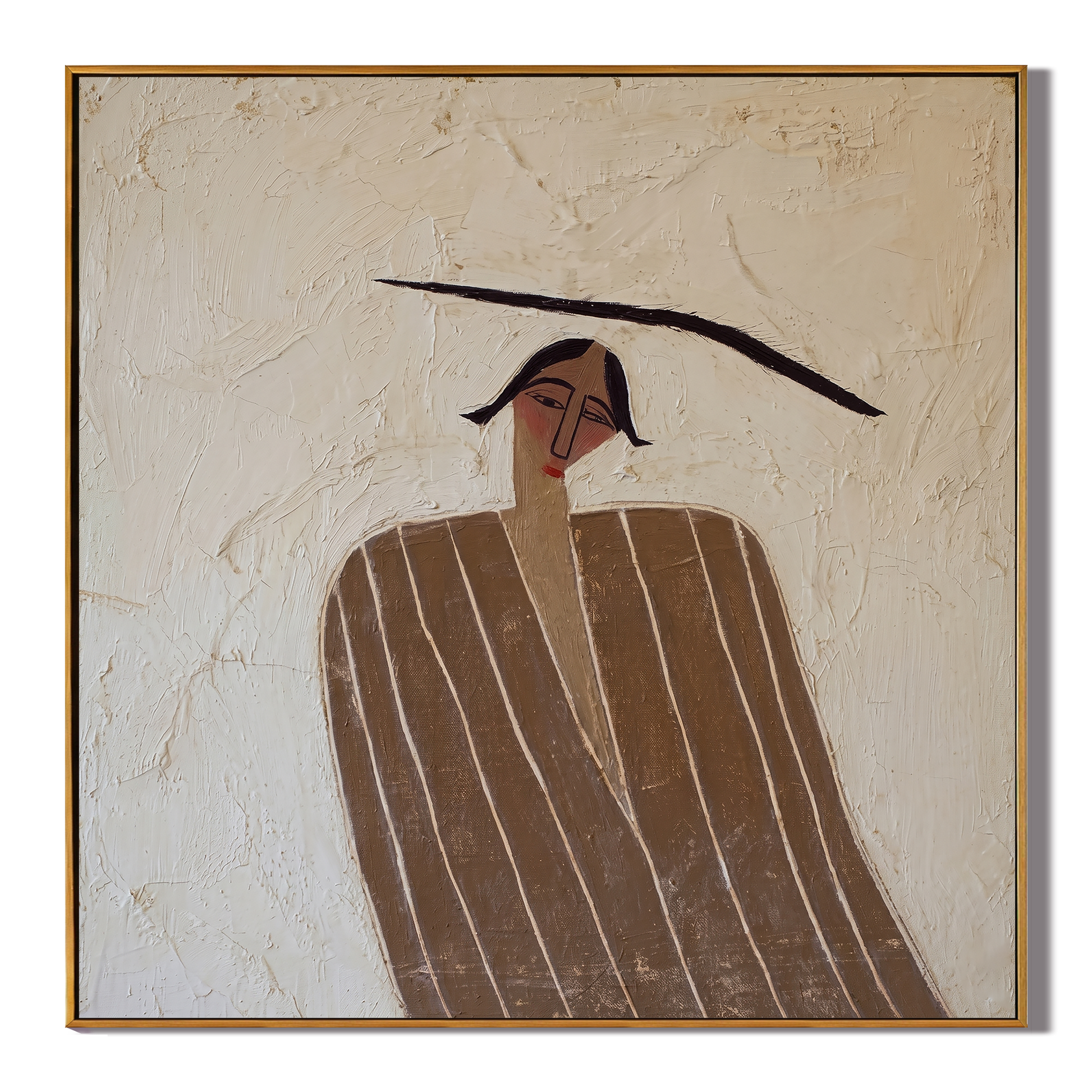 The Brim Draws Silence — Pinstripe Hat Figure Painting | Retro Modern Square Wall Art – brown and gray retro modern fashion art, square hand-painted canvas art – view 1