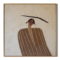 The Brim Draws Silence — Pinstripe Hat Figure Painting | Retro Modern Square Wall Art – brown and gray retro modern fashion art, square hand-painted canvas art – view 1