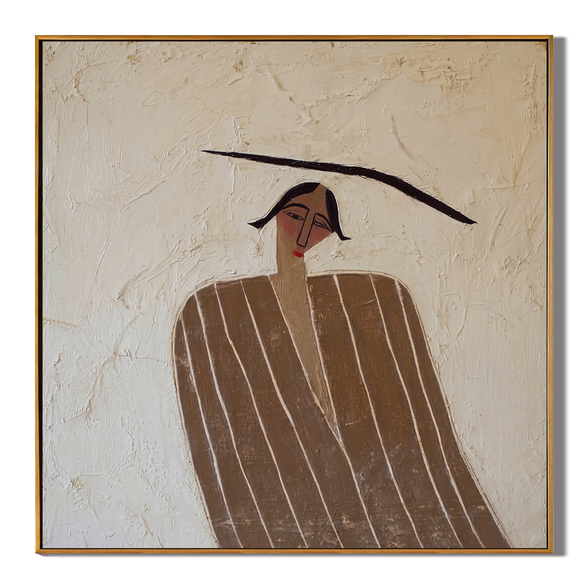 The Brim Draws Silence — Pinstripe Hat Figure Painting | Retro Modern Square Wall Art – brown and gray retro modern fashion art, square hand-painted canvas art – view 1