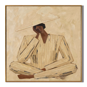 Ivory Suit at Noon — Ivory Pinstripe Figure Painting | Retro Modern Square Wall Art – gold and brown retro modern fashion art, square hand-painted canvas art – view 1