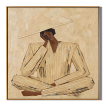 Ivory Suit at Noon — Ivory Pinstripe Figure Painting | Retro Modern Square Wall Art – gold and brown retro modern fashion art, square hand-painted canvas art – view 1