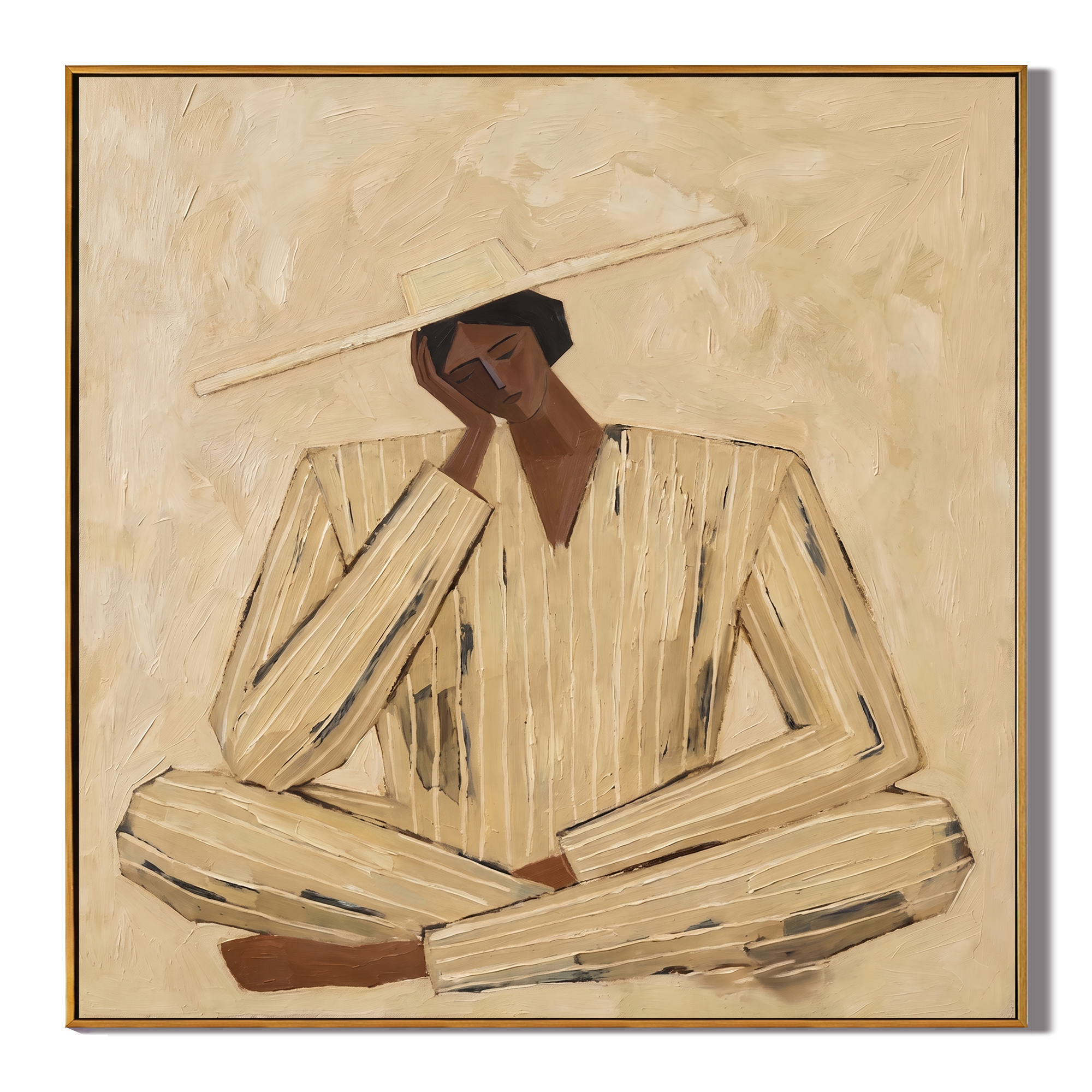 Ivory Suit at Noon — Ivory Pinstripe Figure Painting | Retro Modern Square Wall Art – gold and brown retro modern fashion art, square hand-painted canvas art – view 1