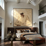 Ivory Suit at Noon — Ivory Pinstripe Figure Painting | Retro Modern Square Wall Art – gold and brown retro modern fashion art, square hand-painted canvas art – view 2