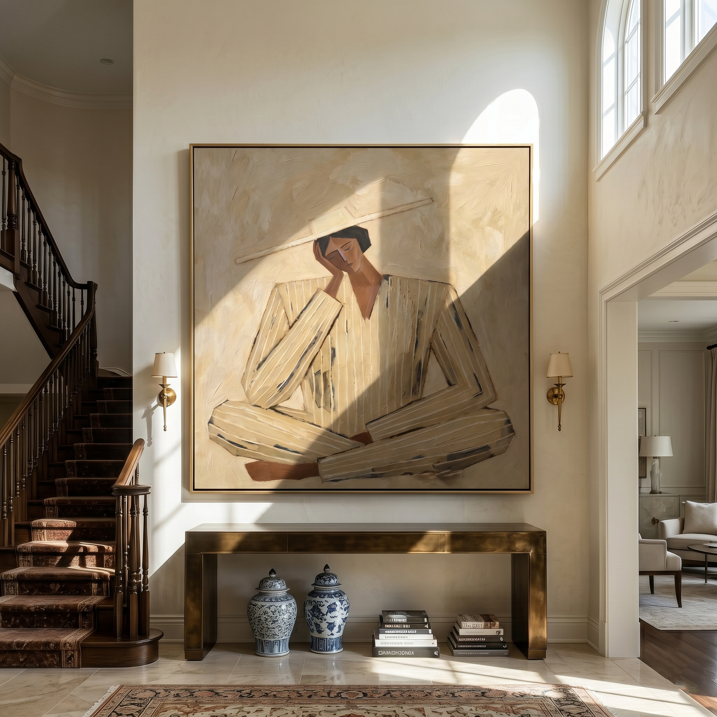 Ivory Suit at Noon — Ivory Pinstripe Figure Painting | Retro Modern Square Wall Art – gold and brown retro modern fashion art, square hand-painted canvas art – view 3
