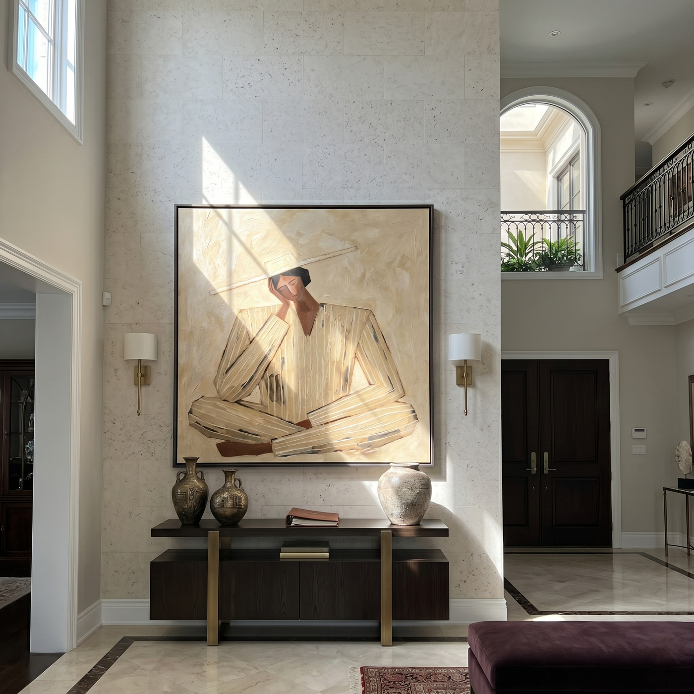 Ivory Suit at Noon — Ivory Pinstripe Figure Painting | Retro Modern Square Wall Art – gold and brown retro modern fashion art, square hand-painted canvas art – view 4