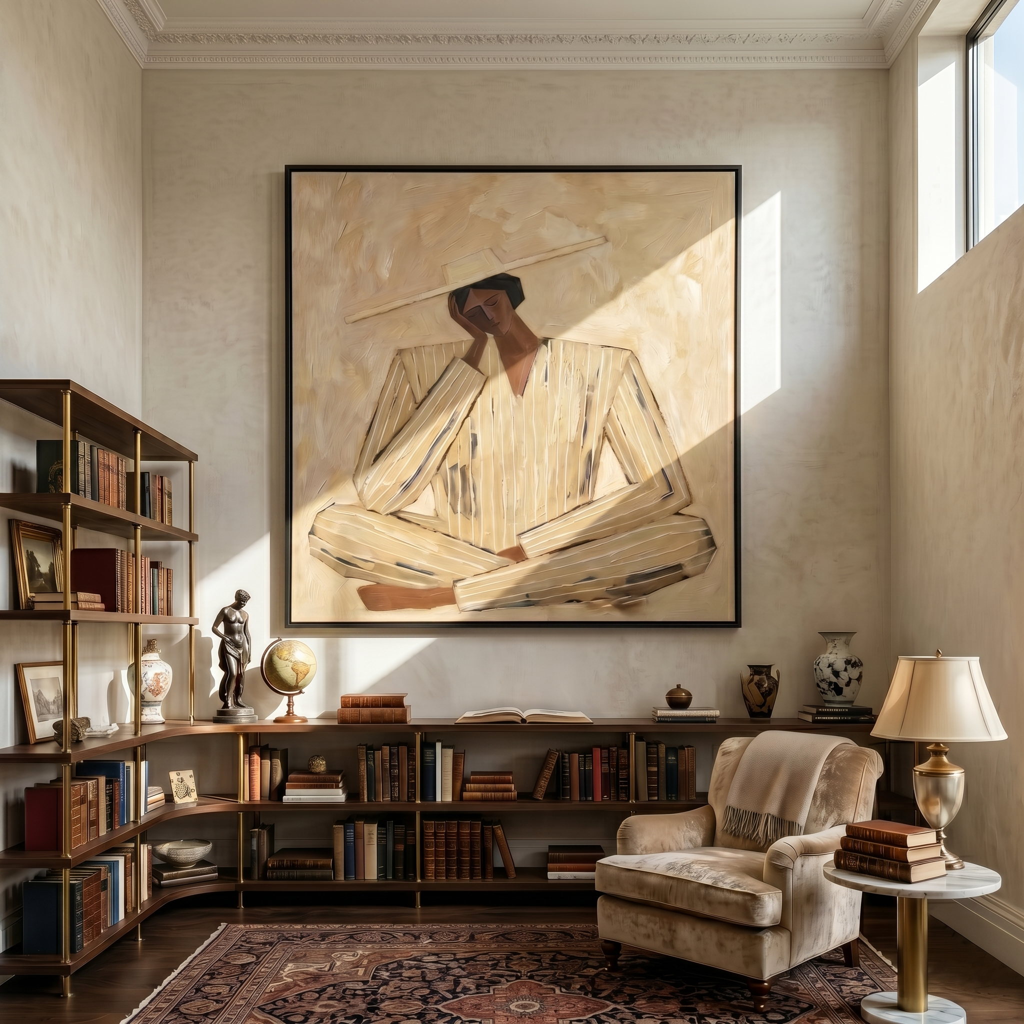 Ivory Suit at Noon — Ivory Pinstripe Figure Painting | Retro Modern Square Wall Art – gold and brown retro modern fashion art, square hand-painted canvas art – view 5
