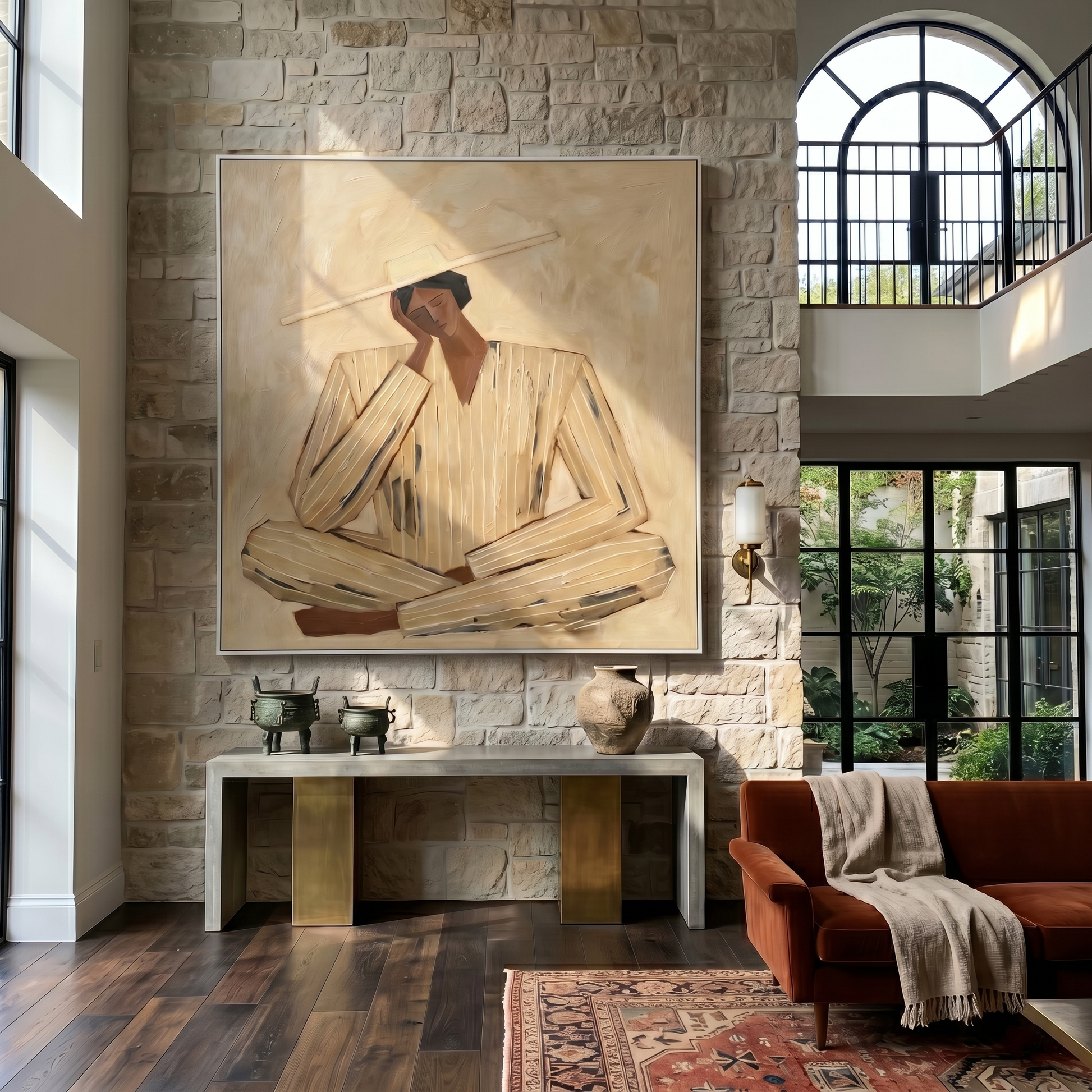Ivory Suit at Noon — Ivory Pinstripe Figure Painting | Retro Modern Square Wall Art – gold and brown retro modern fashion art, square hand-painted canvas art – view 6
