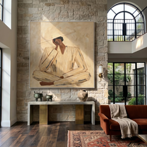Ivory Suit at Noon — Ivory Pinstripe Figure Painting | Retro Modern Square Wall Art – gold and brown retro modern fashion art, square hand-painted canvas art – view 6
