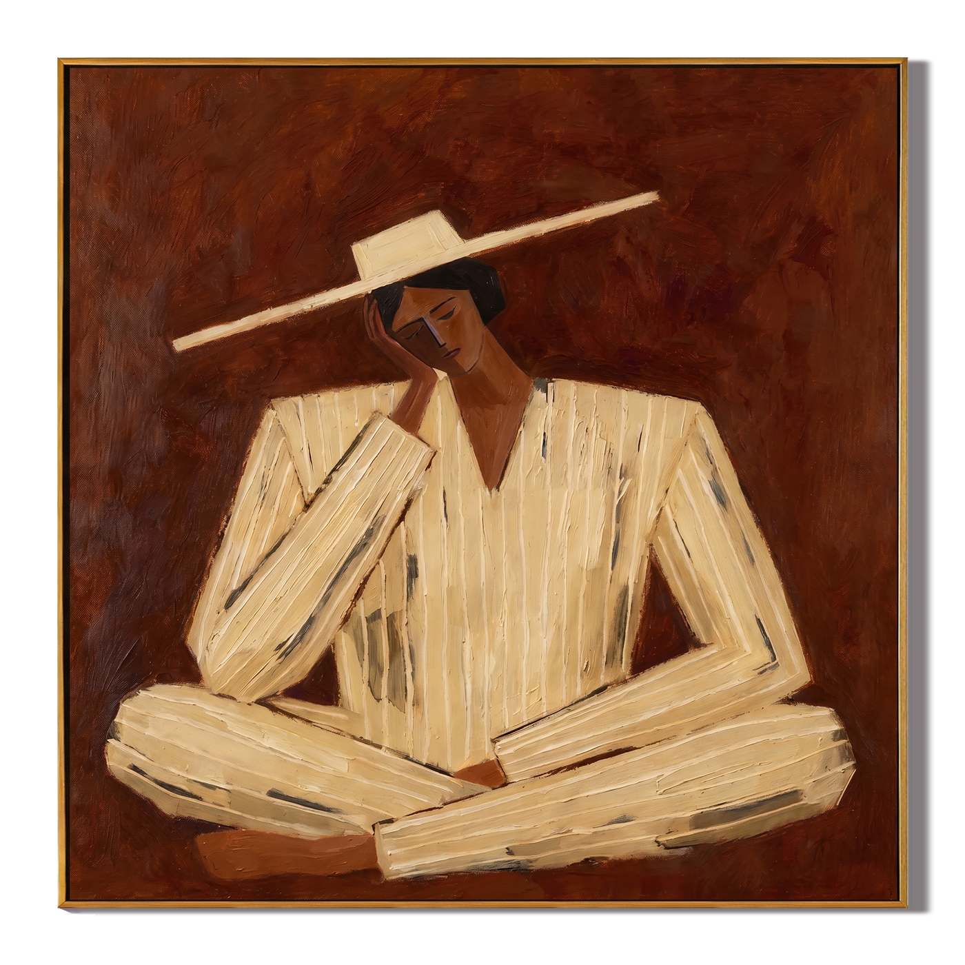 Cream Lines Against Rust — Rust Pinstripe Figure Painting | Retro Modern Square Wall Art – brown and gold retro modern fashion art, square hand-painted canvas art – view 1