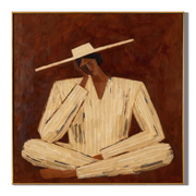 Cream Lines Against Rust — Rust Pinstripe Figure Painting | Retro Modern Square Wall Art – brown and gold retro modern fashion art, square hand-painted canvas art – view 1