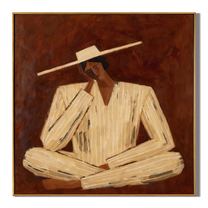 Cream Lines Against Rust — Rust Pinstripe Figure Painting | Retro Modern Square Wall Art – brown and gold retro modern fashion art, square hand-painted canvas art – view 1