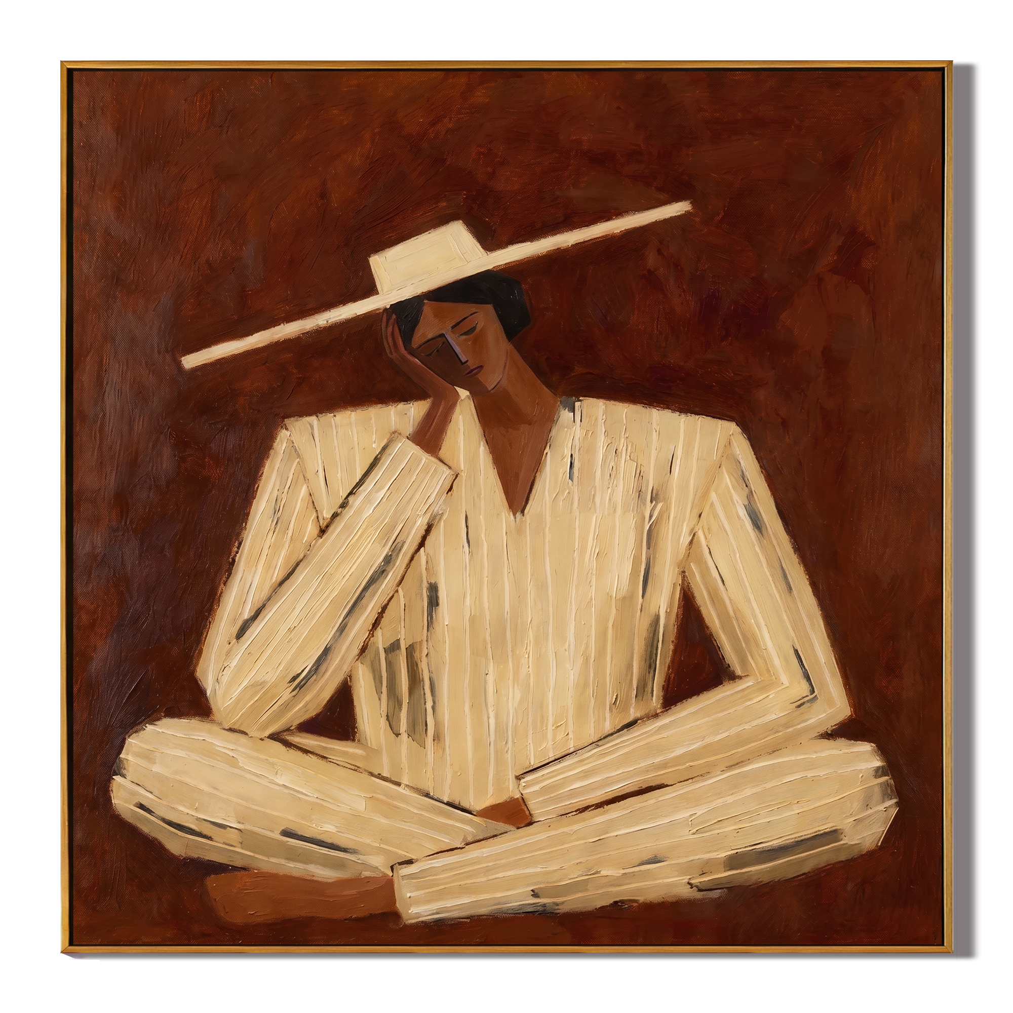 Cream Lines Against Rust — Rust Pinstripe Figure Painting | Retro Modern Square Wall Art – brown and gold retro modern fashion art, square hand-painted canvas art – view 1