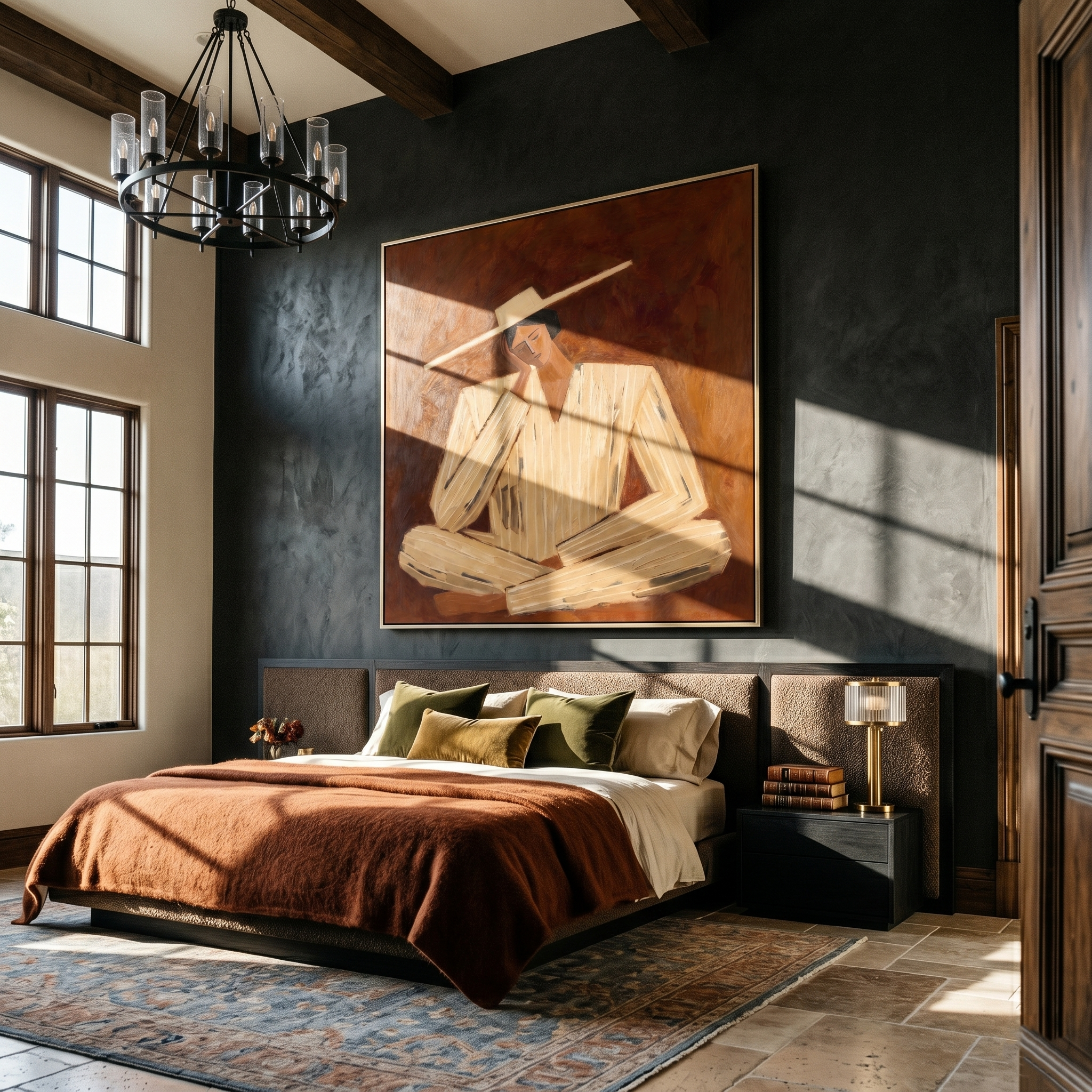Cream Lines Against Rust — Rust Pinstripe Figure Painting | Retro Modern Square Wall Art – brown and gold retro modern fashion art, square hand-painted canvas art – view 5