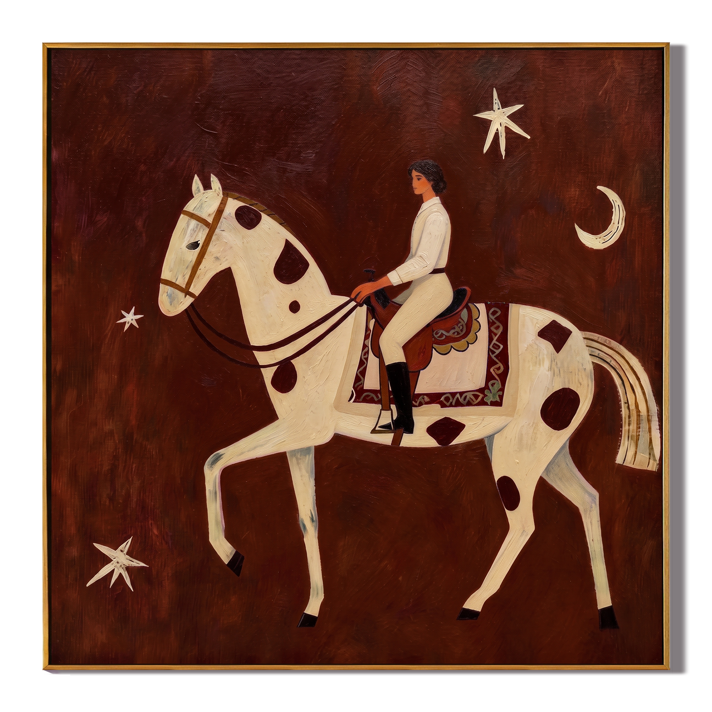 Moonlight Rides in White — Moonlit White Horsewoman Painting | Retro Modern Square Wall Art – brown and gold retro modern fashion art, square hand-painted canvas art – view 1