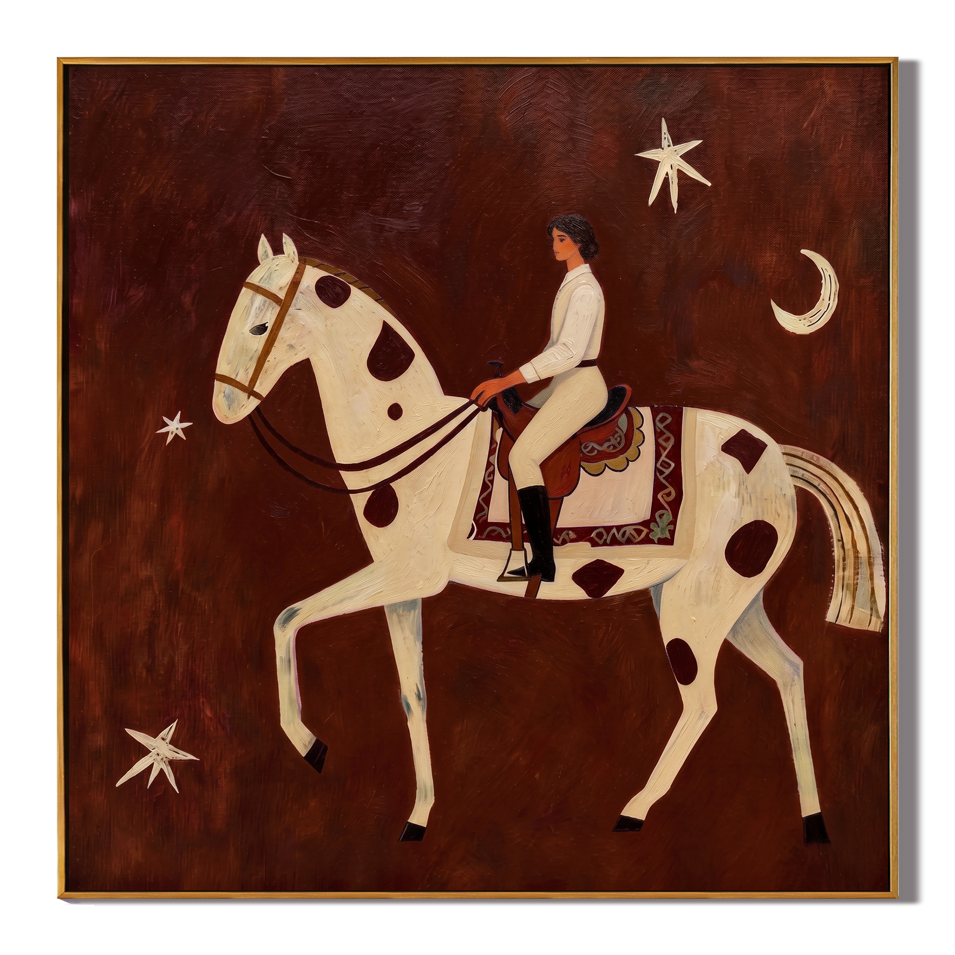 Moonlight Rides in White — Moonlit White Horsewoman Painting | Retro Modern Square Wall Art – brown and gold retro modern fashion art, square hand-painted canvas art – view 1
