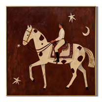 Moonlight Rides in White — Moonlit White Horsewoman Painting | Retro Modern Square Wall Art – brown and gold retro modern fashion art, square hand-painted canvas art – view 1