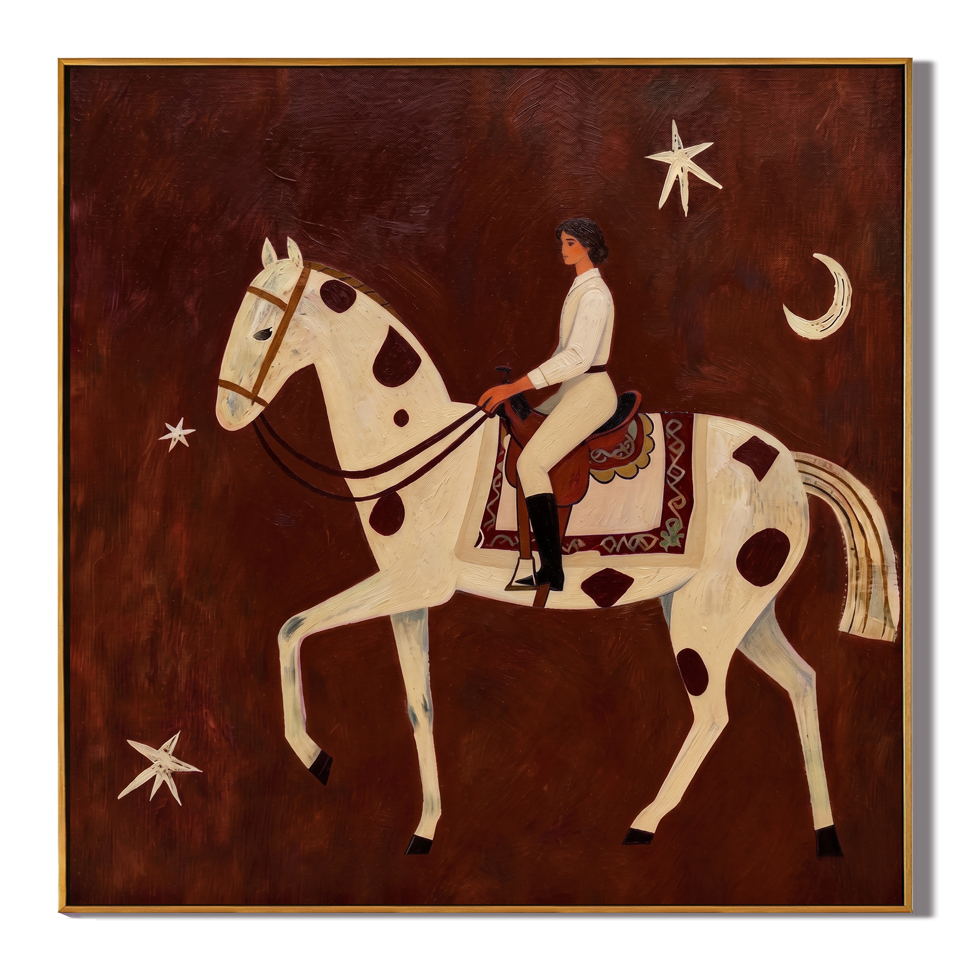 Moonlight Rides in White — Moonlit White Horsewoman Painting | Retro Modern Square Wall Art – brown and gold retro modern fashion art, square hand-painted canvas art – view 1