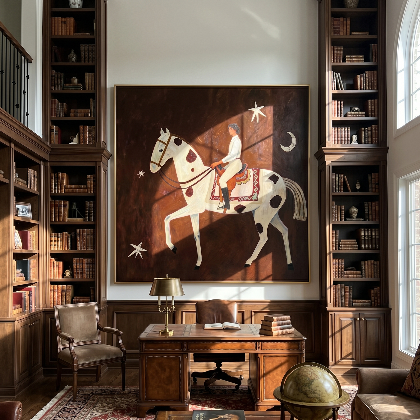 Moonlight Rides in White — Moonlit White Horsewoman Painting | Retro Modern Square Wall Art – brown and gold retro modern fashion art, square hand-painted canvas art – view 3