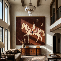 Moonlight Rides in White — Moonlit White Horsewoman Painting | Retro Modern Square Wall Art – brown and gold retro modern fashion art, square hand-painted canvas art – view 6