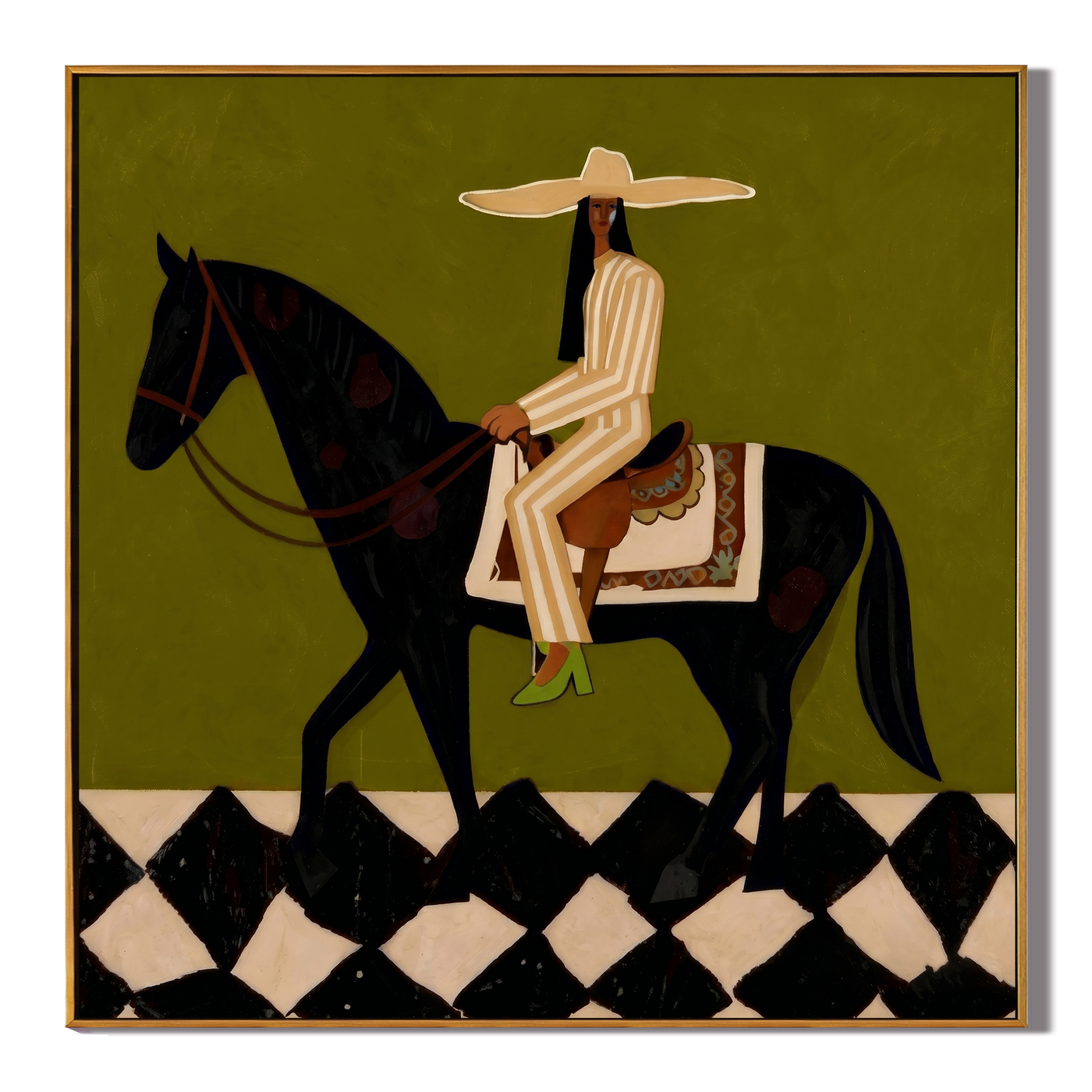 Olive Carries a Rider — Olive Horsewoman Painting | Retro Modern Square Wall Art – brown and black retro modern fashion art, square hand-painted canvas art – view 1