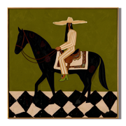 Olive Carries a Rider — Olive Horsewoman Painting | Retro Modern Square Wall Art – brown and black retro modern fashion art, square hand-painted canvas art – view 1