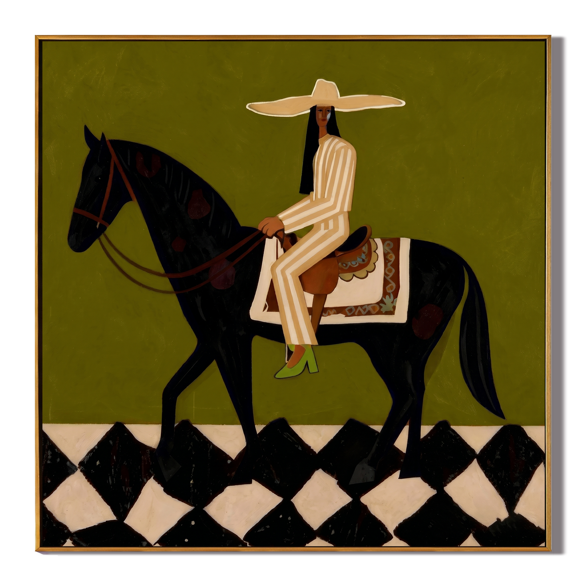 Olive Carries a Rider — Olive Horsewoman Painting | Retro Modern Square Wall Art – brown and black retro modern fashion art, square hand-painted canvas art – view 1