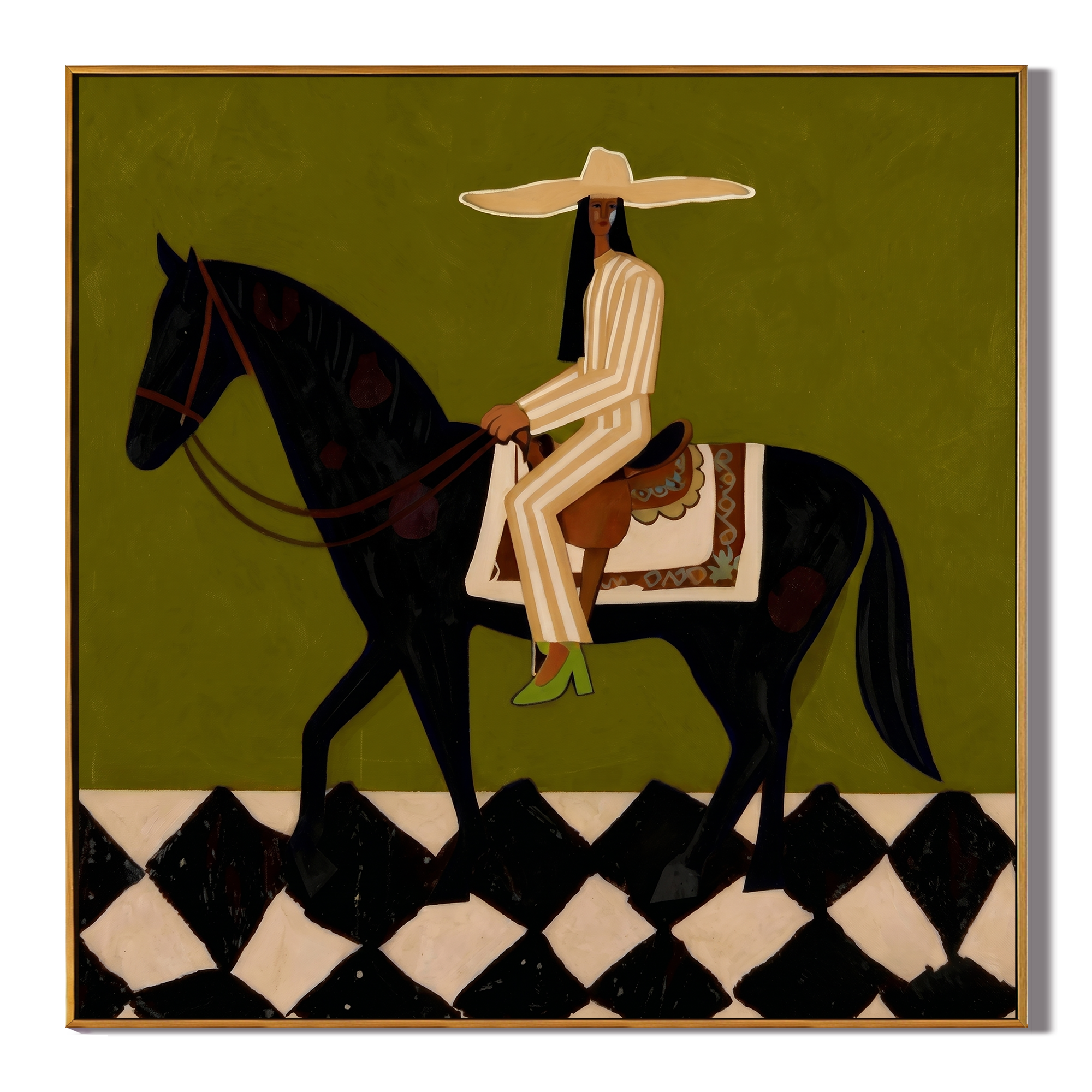 Olive Carries a Rider — Olive Horsewoman Painting | Retro Modern Square Wall Art – brown and black retro modern fashion art, square hand-painted canvas art – view 1