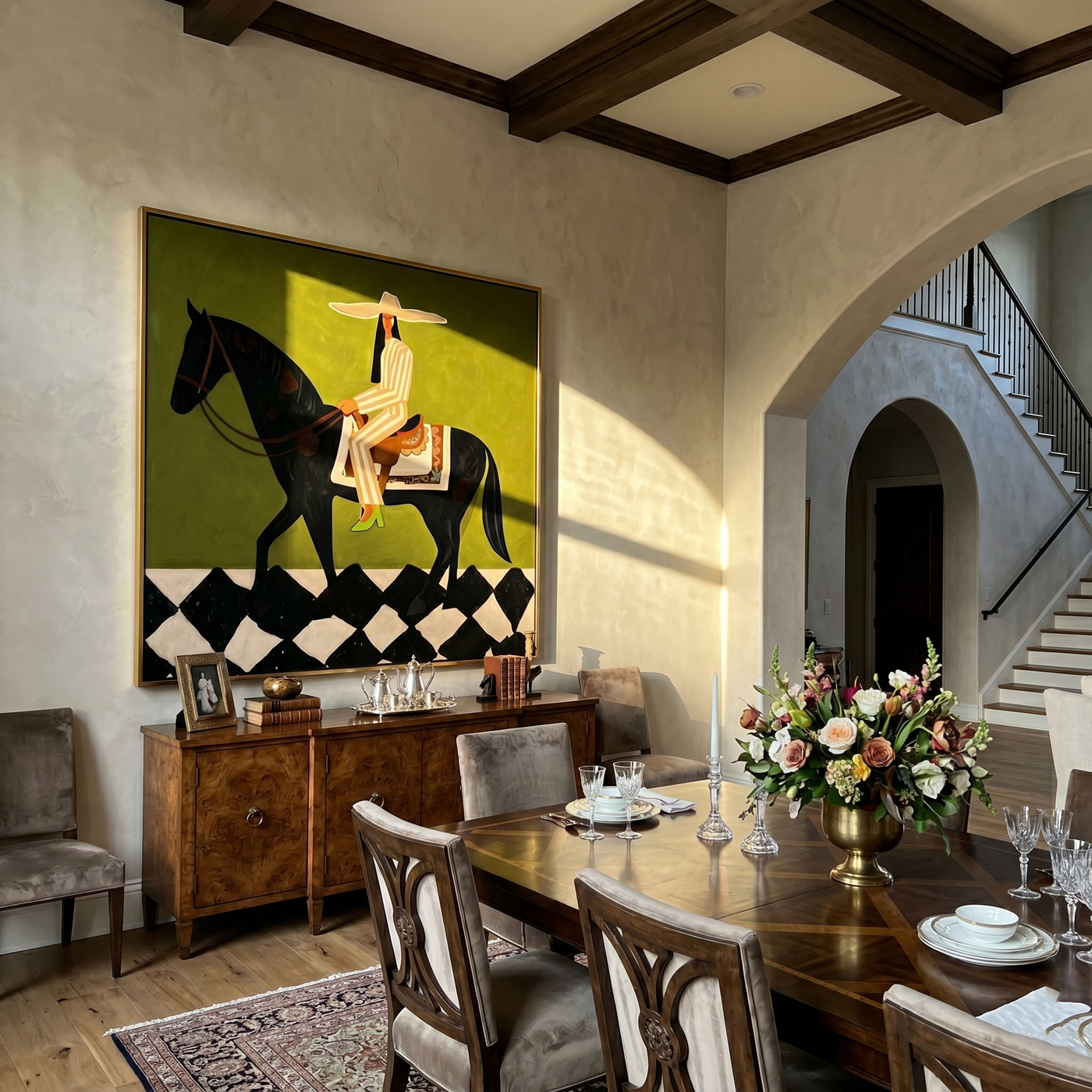 Olive Carries a Rider — Olive Horsewoman Painting | Retro Modern Square Wall Art – brown and black retro modern fashion art, square hand-painted canvas art – view 2