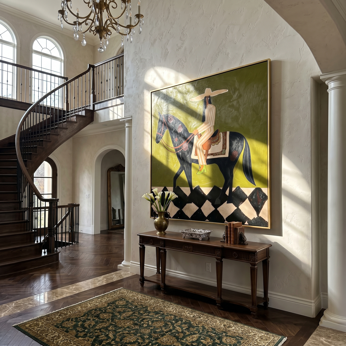 Olive Carries a Rider — Olive Horsewoman Painting | Retro Modern Square Wall Art – brown and black retro modern fashion art, square hand-painted canvas art – view 3