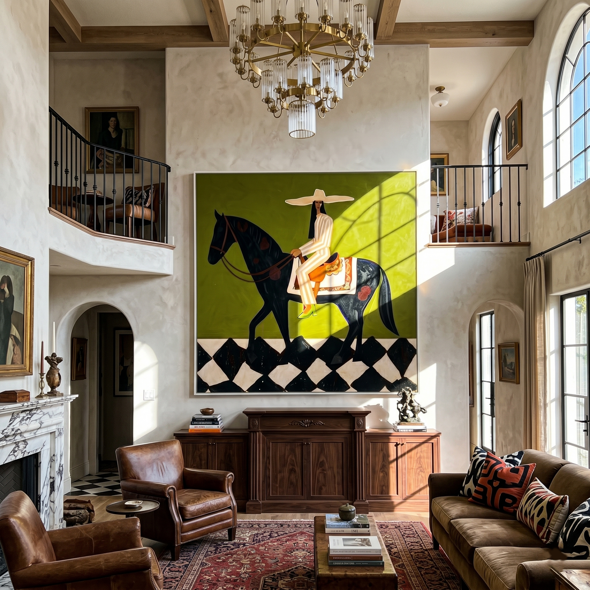 Olive Carries a Rider — Olive Horsewoman Painting | Retro Modern Square Wall Art – brown and black retro modern fashion art, square hand-painted canvas art – view 5