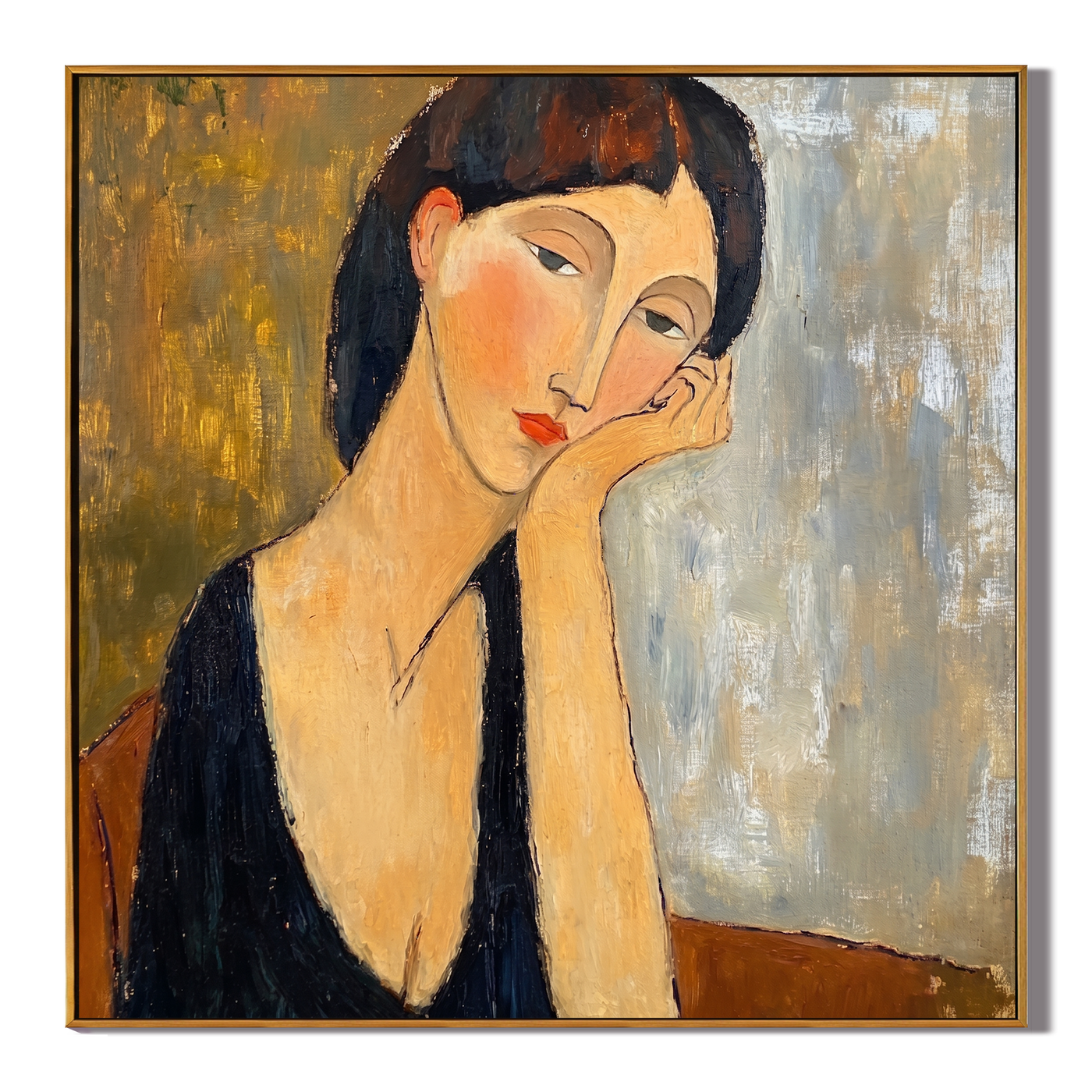 Her Thoughts Lean Gold — Contemplative Woman Portrait Painting | Retro Modern Square Wall Art – brown and gold and gray retro modern fashion art, square hand-painted canvas art – view 1