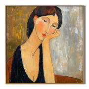 Her Thoughts Lean Gold — Contemplative Woman Portrait Painting | Retro Modern Square Wall Art – brown and gold and gray retro modern fashion art, square hand-painted canvas art – view 1