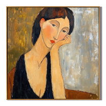 Her Thoughts Lean Gold — Contemplative Woman Portrait Painting | Retro Modern Square Wall Art – brown and gold and gray retro modern fashion art, square hand-painted canvas art – view 1
