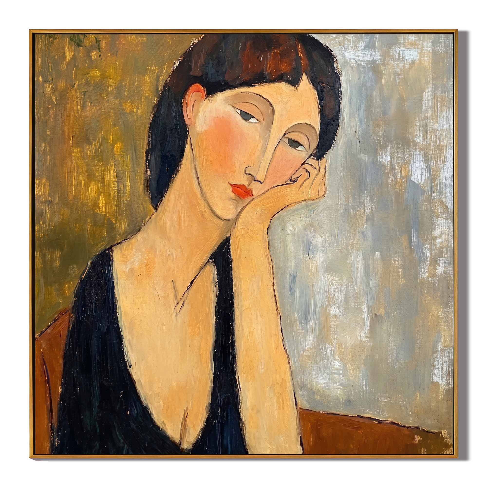 Her Thoughts Lean Gold — Contemplative Woman Portrait Painting | Retro Modern Square Wall Art – brown and gold and gray retro modern fashion art, square hand-painted canvas art – view 1