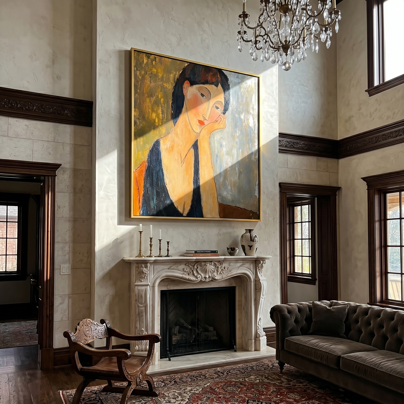 Her Thoughts Lean Gold — Contemplative Woman Portrait Painting | Retro Modern Square Wall Art – brown and gold and gray retro modern fashion art, square hand-painted canvas art – view 2