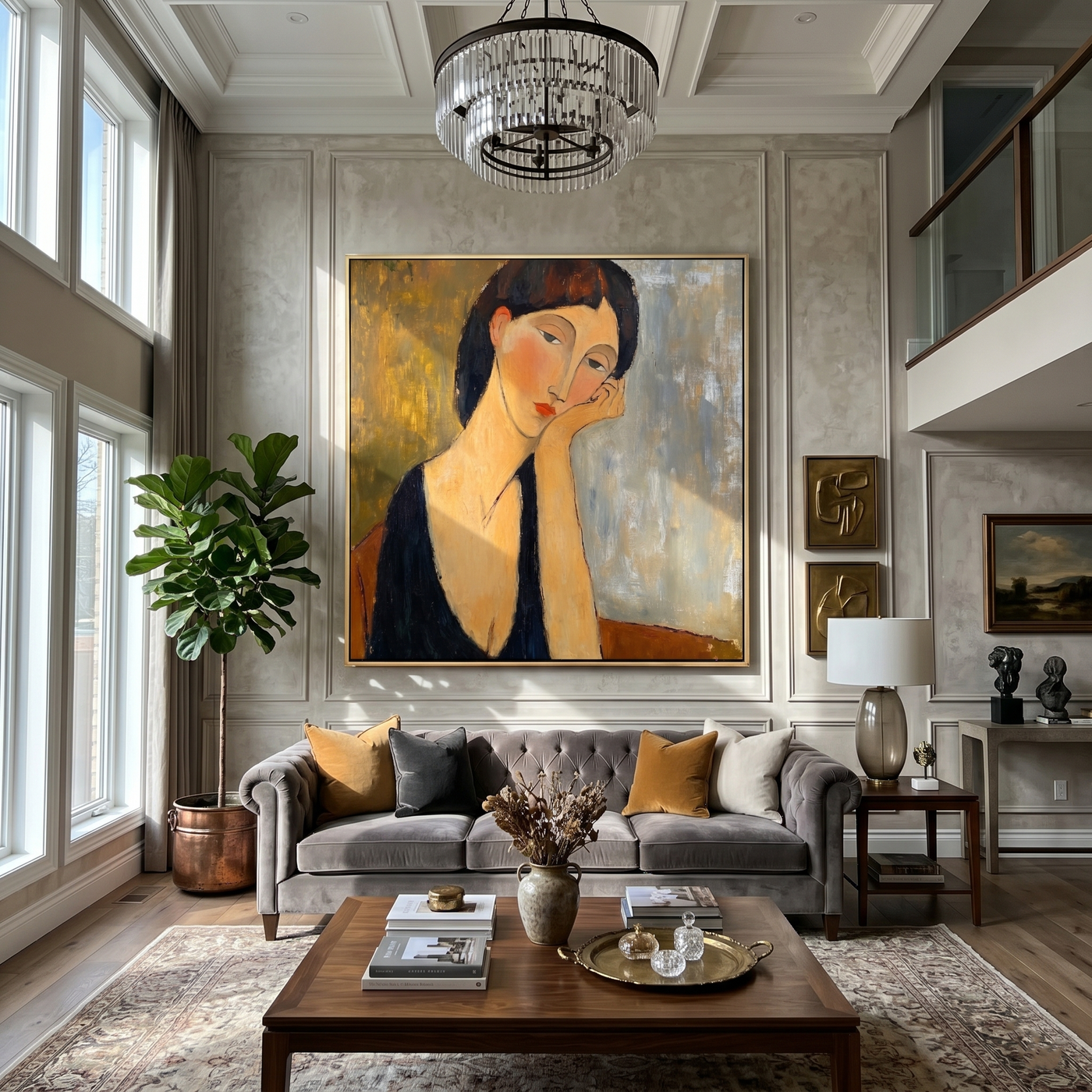 Her Thoughts Lean Gold — Contemplative Woman Portrait Painting | Retro Modern Square Wall Art – brown and gold and gray retro modern fashion art, square hand-painted canvas art – view 4