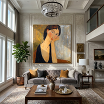 Her Thoughts Lean Gold — Contemplative Woman Portrait Painting | Retro Modern Square Wall Art – brown and gold and gray retro modern fashion art, square hand-painted canvas art – view 4