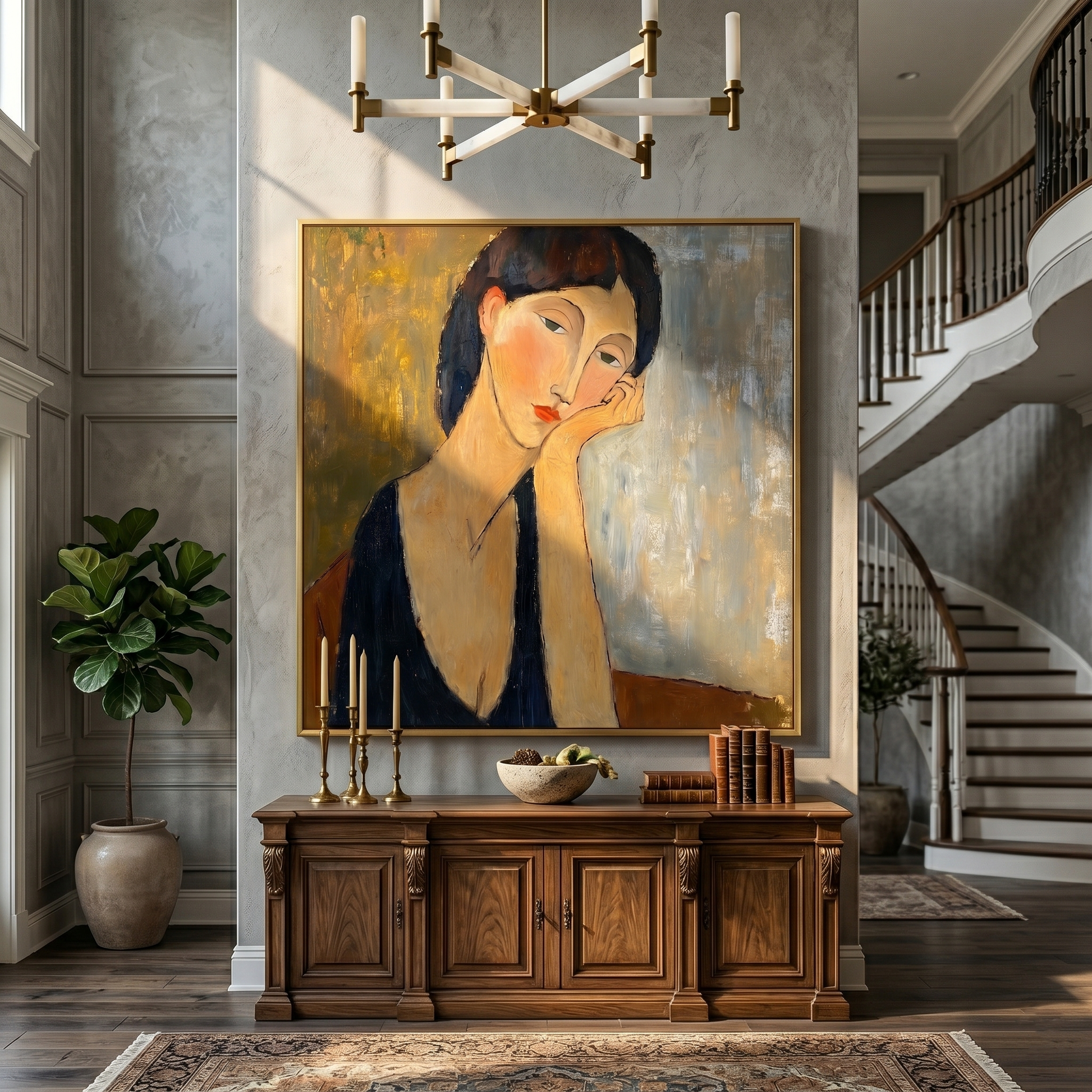 Her Thoughts Lean Gold — Contemplative Woman Portrait Painting | Retro Modern Square Wall Art – brown and gold and gray retro modern fashion art, square hand-painted canvas art – view 5