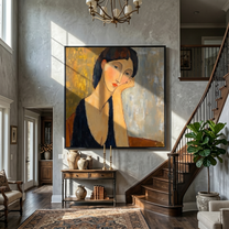 Her Thoughts Lean Gold — Contemplative Woman Portrait Painting | Retro Modern Square Wall Art – brown and gold and gray retro modern fashion art, square hand-painted canvas art – view 6