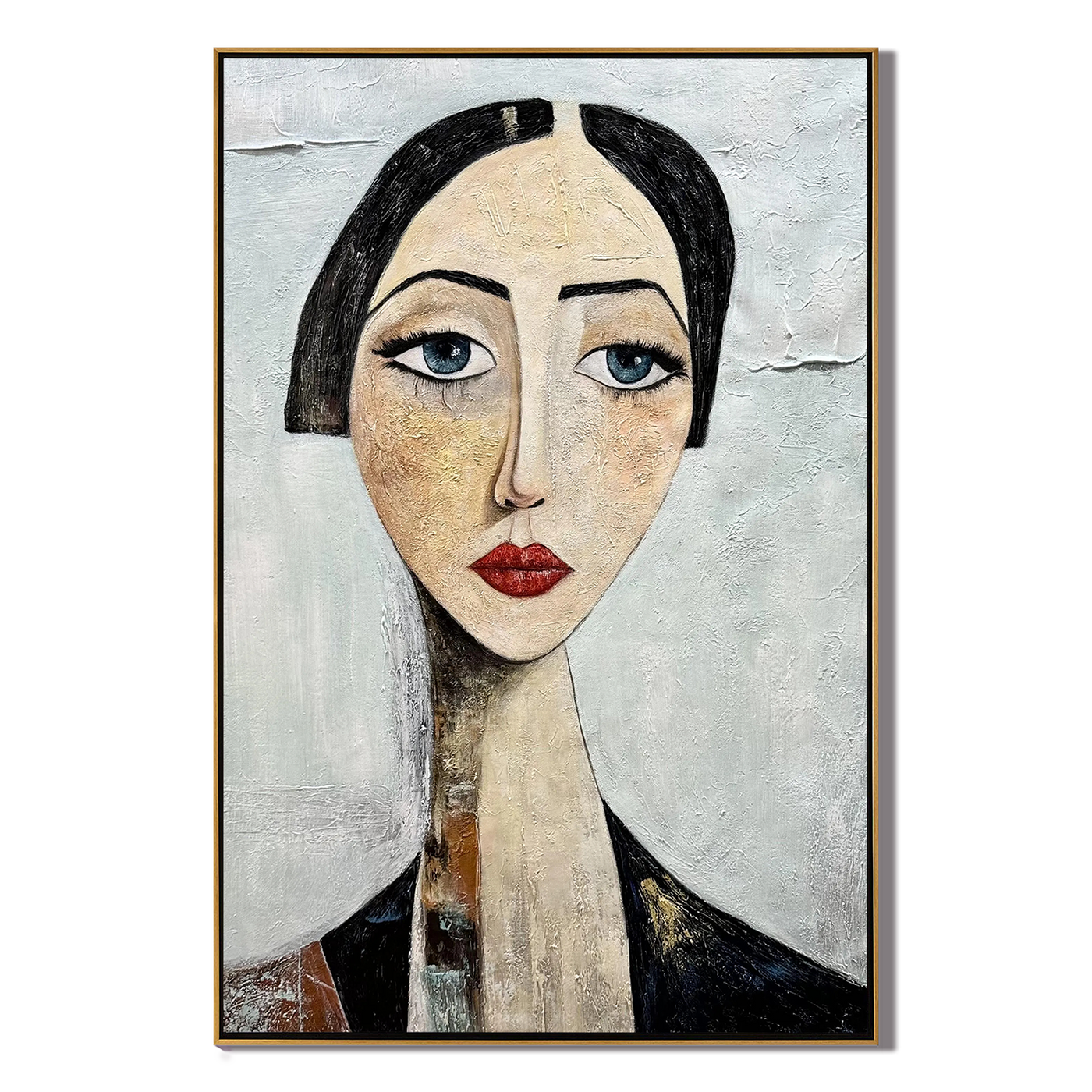 Blue Eyes Hold Winter — Long-Neck Woman Portrait Painting | Retro Modern Vertical Wall Art – gray and white and brown retro modern fashion art, vertical hand-painted canvas art – view 1