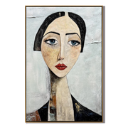 Blue Eyes Hold Winter — Long-Neck Woman Portrait Painting | Retro Modern Vertical Wall Art – gray and white and brown retro modern fashion art, vertical hand-painted canvas art – view 1