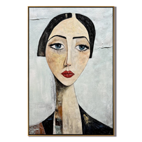Blue Eyes Hold Winter — Long-Neck Woman Portrait Painting | Retro Modern Vertical Wall Art – gray and white and brown retro modern fashion art, vertical hand-painted canvas art – view 1